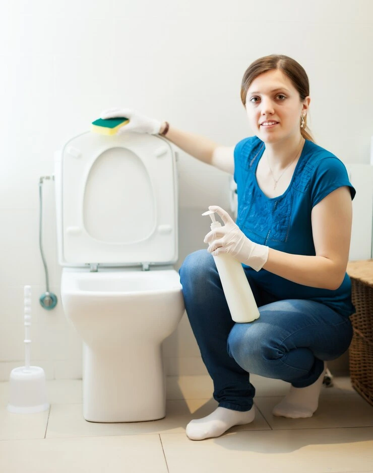 kvinne på badet med svamp og rengjøringsmiddel